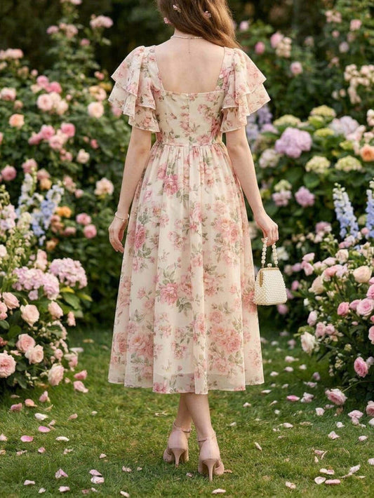 Square neck puff sleeve floral print midi dress
