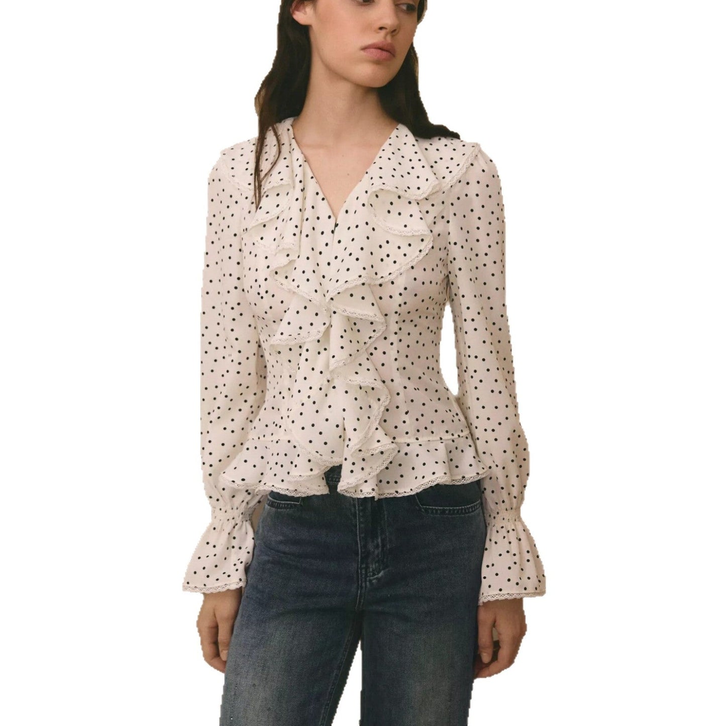 French-style polka dot shirt with ruffles