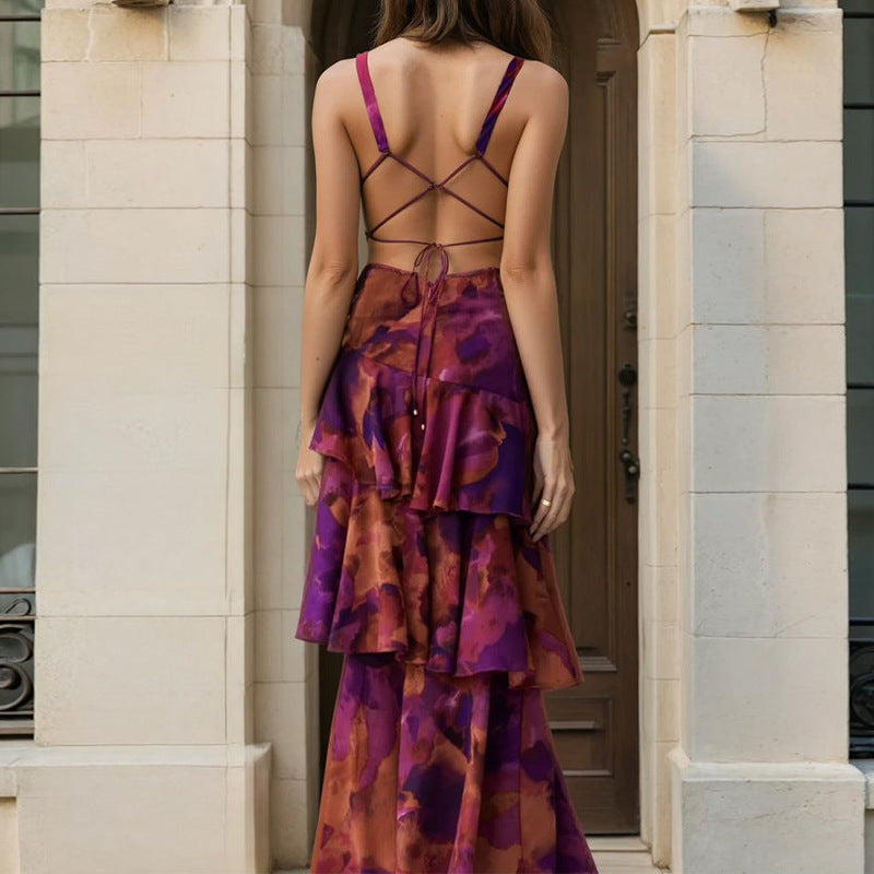 purple V-neck print waist dress