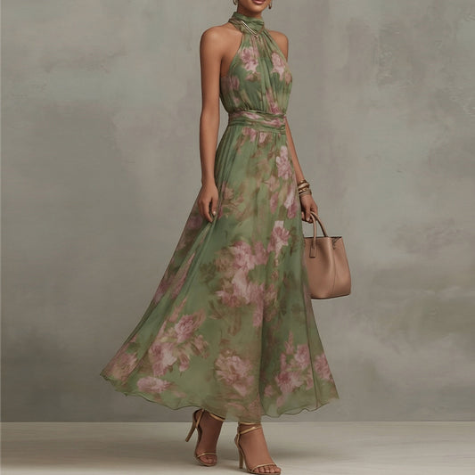 green printed halterneck waist dress