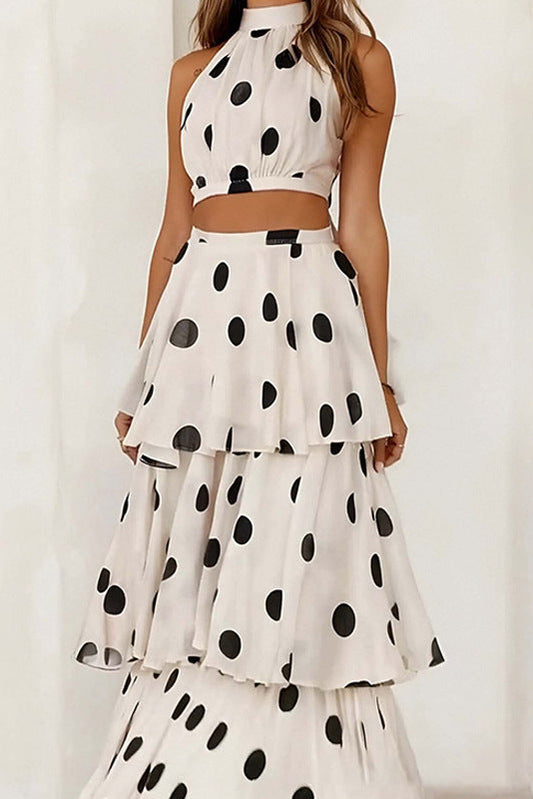 polka dot halterneck sleeveless top skirt set