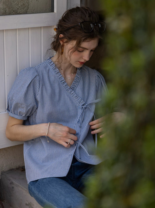 blue cotton asymmetrical striped puff-sleeve shirt