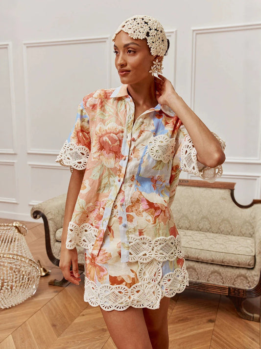 Vacation floral print lace cardigan shirt & skirt set