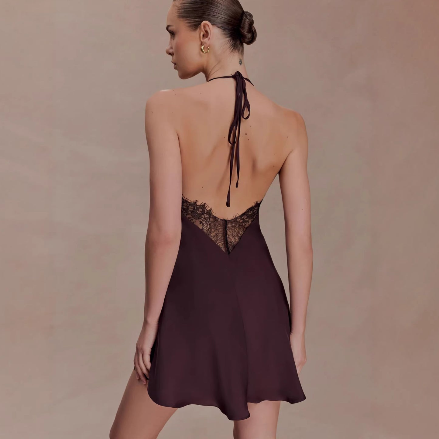 brown open back cross-border satin mini dress