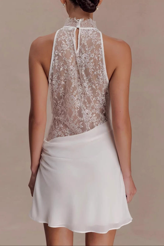 White Satin Lace High Neck Halter Cowl Cutout Mini Dress