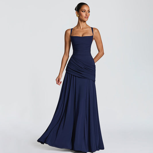 navy low-cut camisole open back mermaid dress