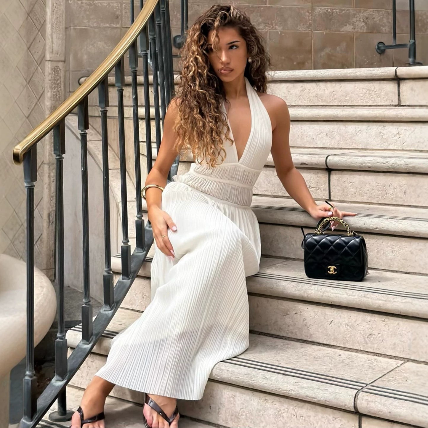 white halter pleated backless maxi dress