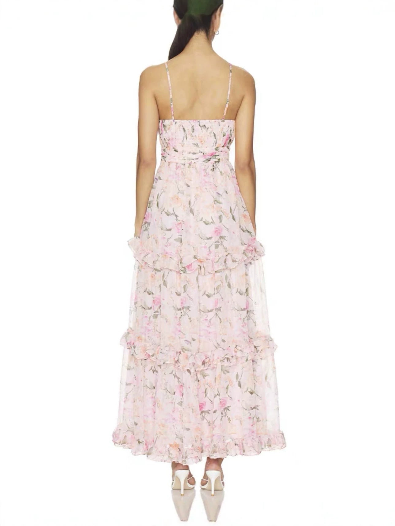 Printed camisole tiered maxi dress - pink