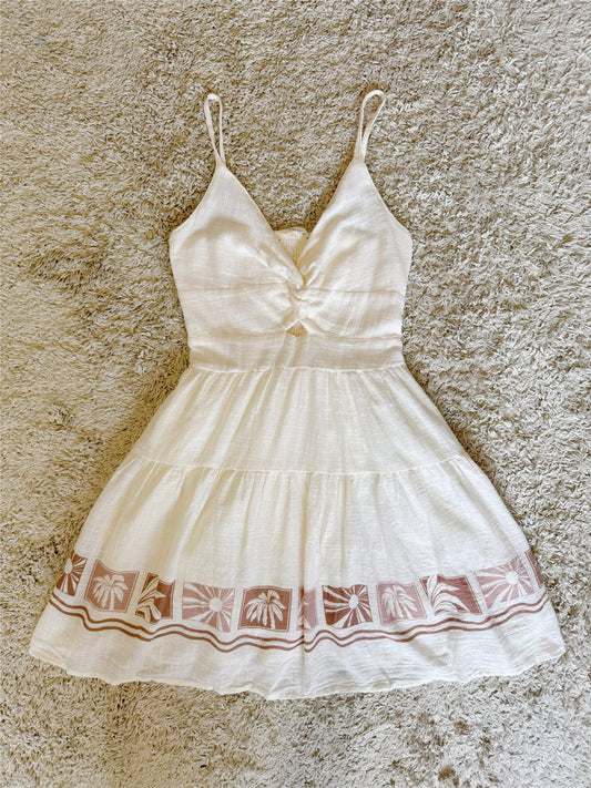 Twist Front Tropical Border Print Tiered Mini Dress