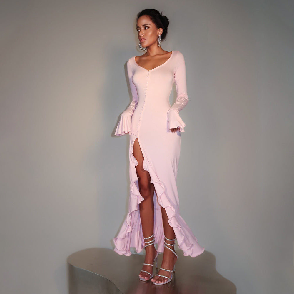 pink waist flared sleeve single-breasted side slit dress