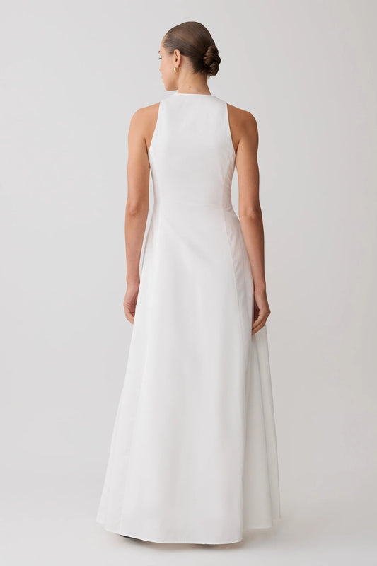 white V-neck slit skirt dress