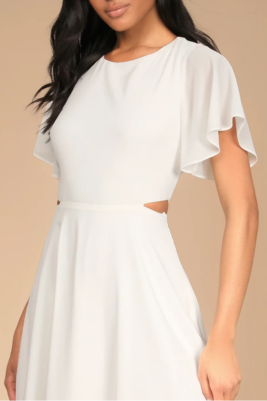 white butterfly sleeve chiffon waist open waist mini dress