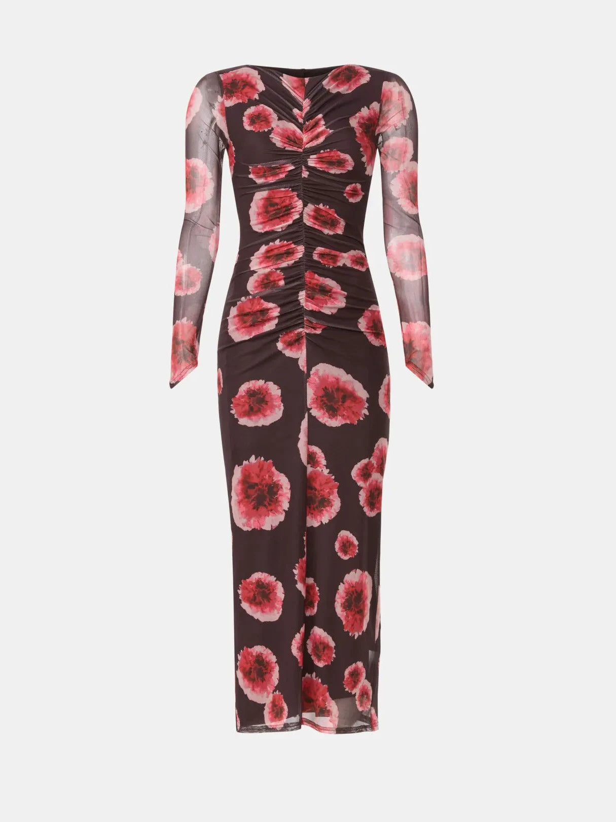 brown Printed mesh long-sleeve ruched slit midi dress