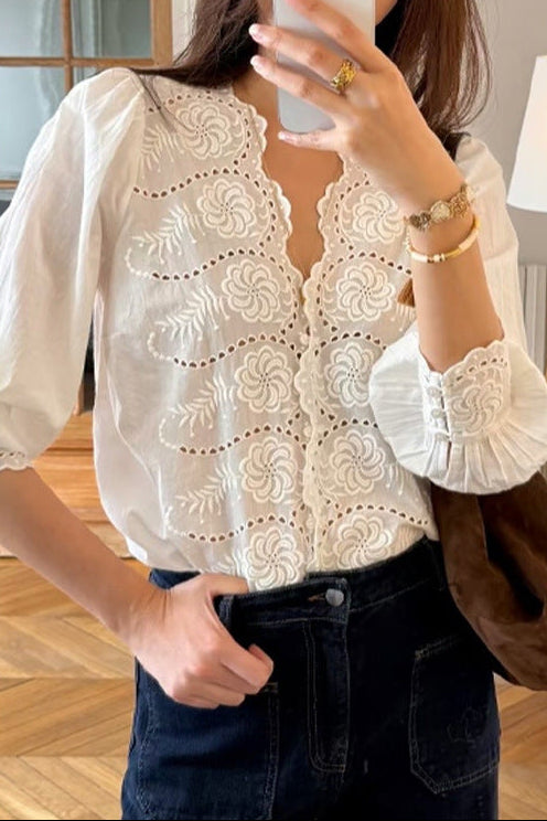 French floral embroidered openwork wavy collar shirt