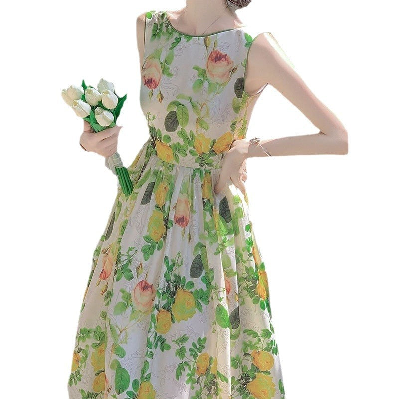 Forest-style green floral print midi dress