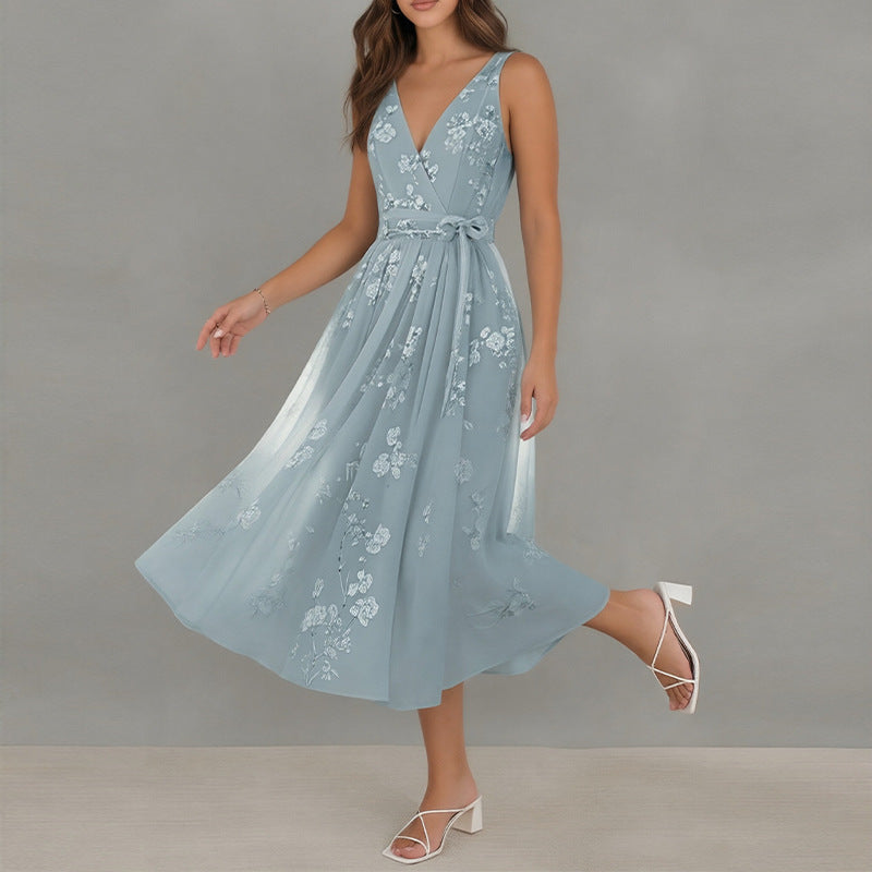light blue V-Neck Print Lace-up Sleeveless Dress