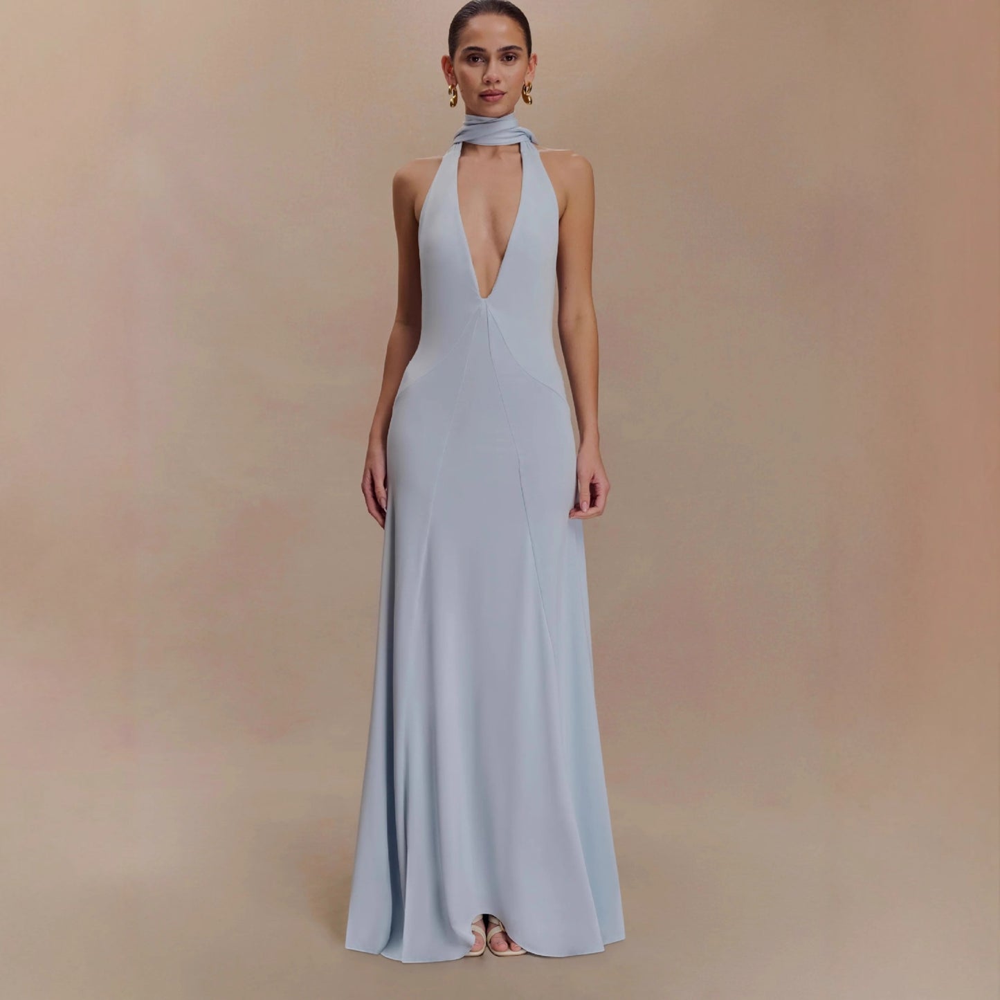 deep V-neck streamer halterneck pleated open back dress
