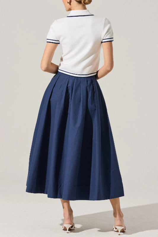 blue A-line pleated midi skirt