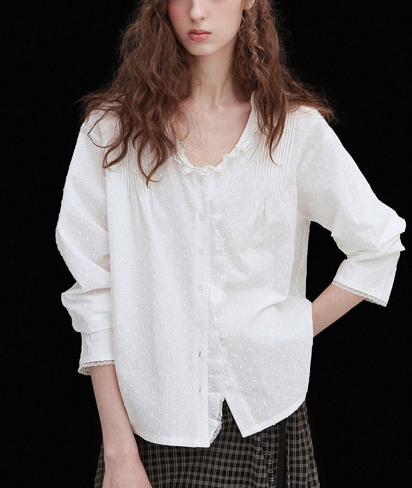 Ruffled lace trim deep V-neck shirt