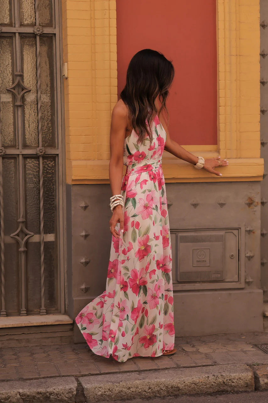 Printed Wrap-Style halter Ruched Maxi Dress - whtie & red