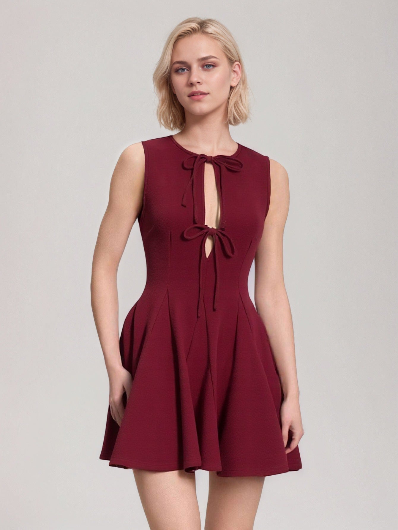 red Patchwork sleeveless fitted waist bow dress