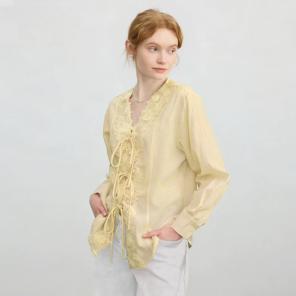 French V-neck tie-up lace embroidered jacquard shirt