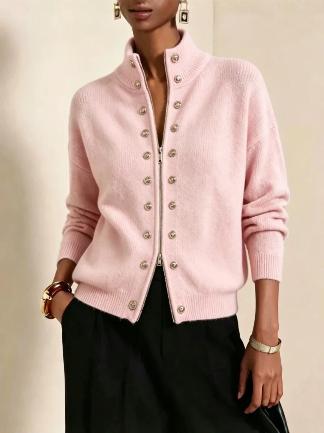 Double-breasted Zip-up knit Cardigan