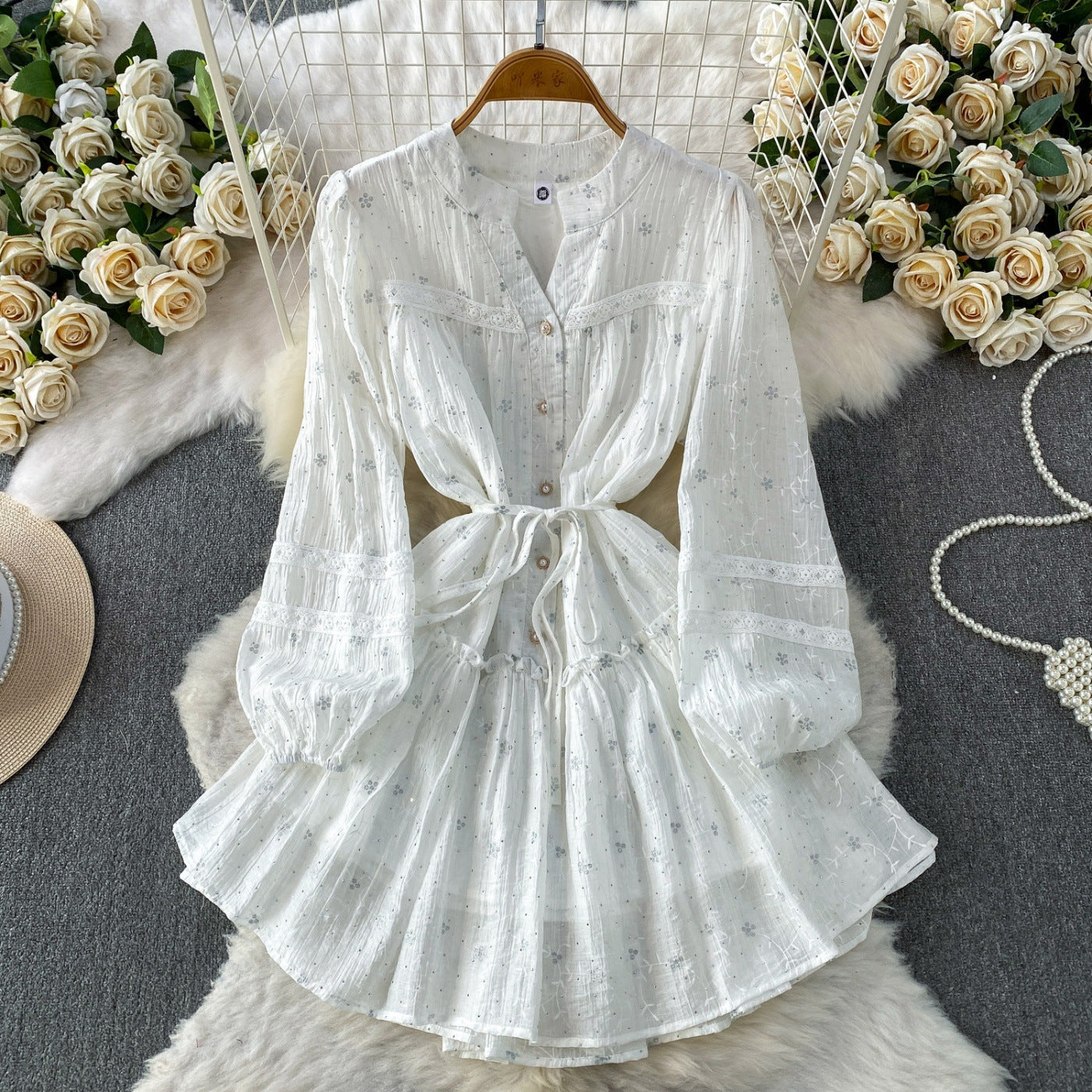 Summer rhinestone embroidered round neck midi dress