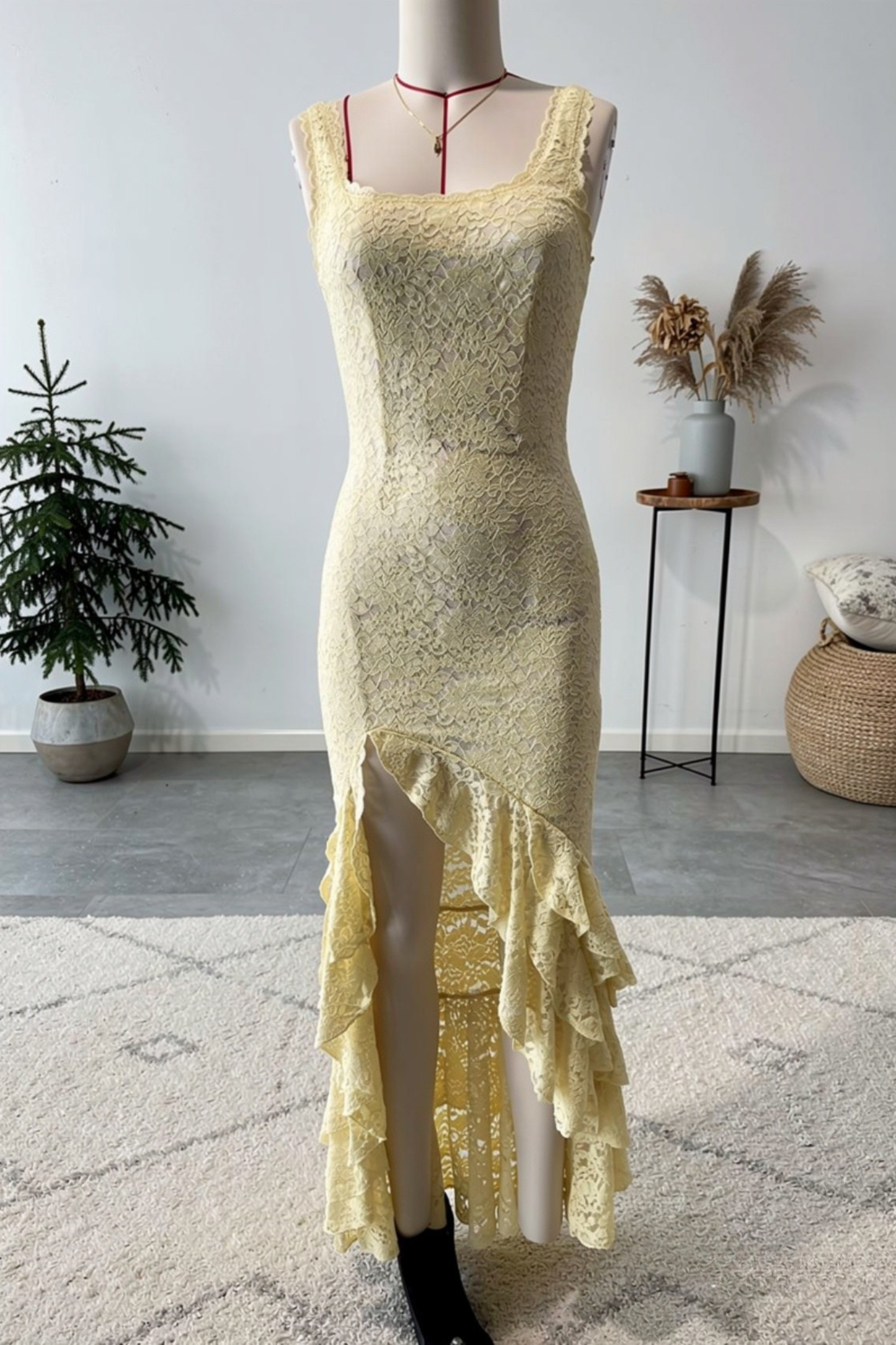 Irregular ruffled lace patchwork high slit slip maxi dress - yellow