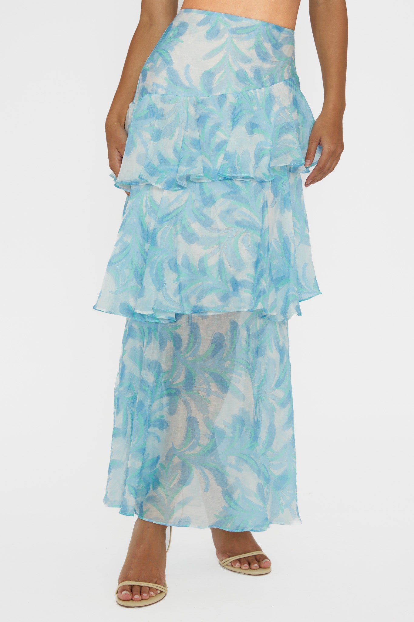 blue Veda floral print top & Tiered Ruffle Maxi Skirt set