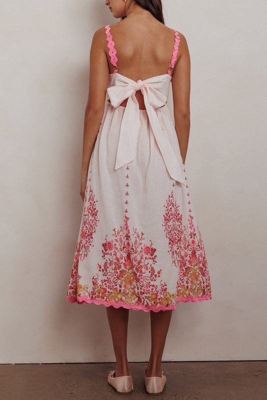 Blush Floral Print Back Tie-Up Midi Dress with Trim Band