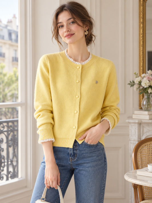 Loose-fit Lace-trim Knit Cardigan