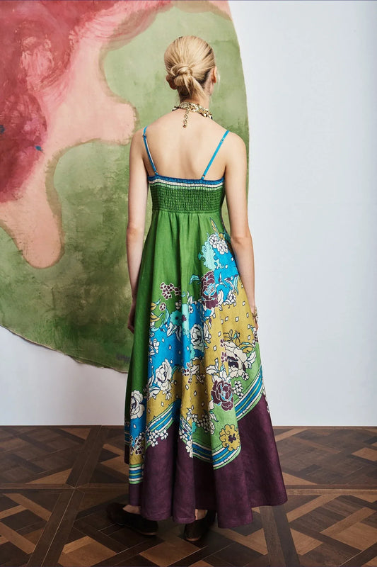 Alemais Color Block Floral Print Spaghetti Strap Midi Dress