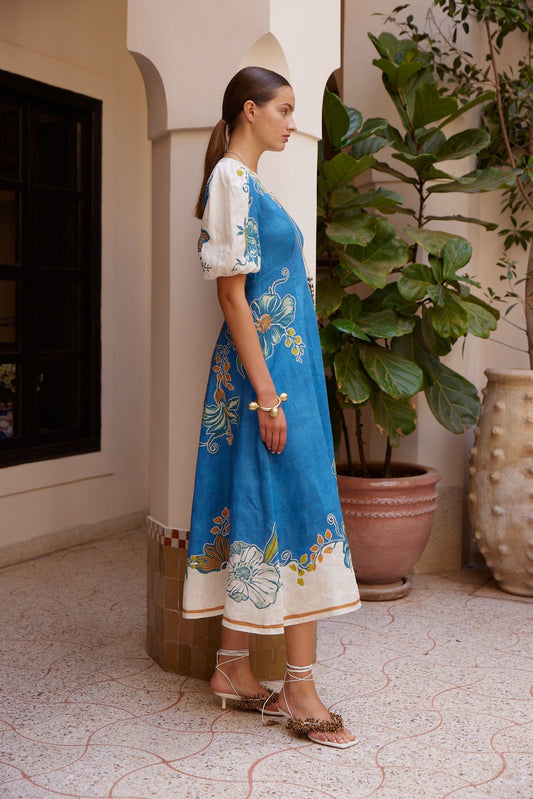 Floral linen lantern sleeve fitted waist dress - blue