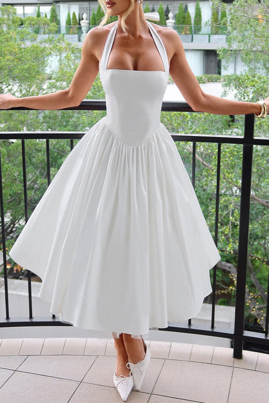 White Satin Halter Square Neck Fit And Flare Midi Dress With Tulle Hem