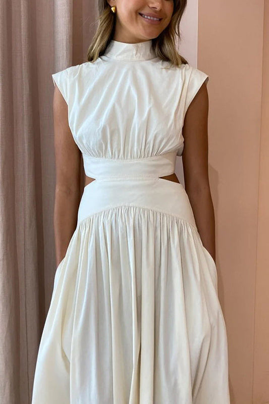 White High Neck Cutout Waist Maxi Dress with Pockets