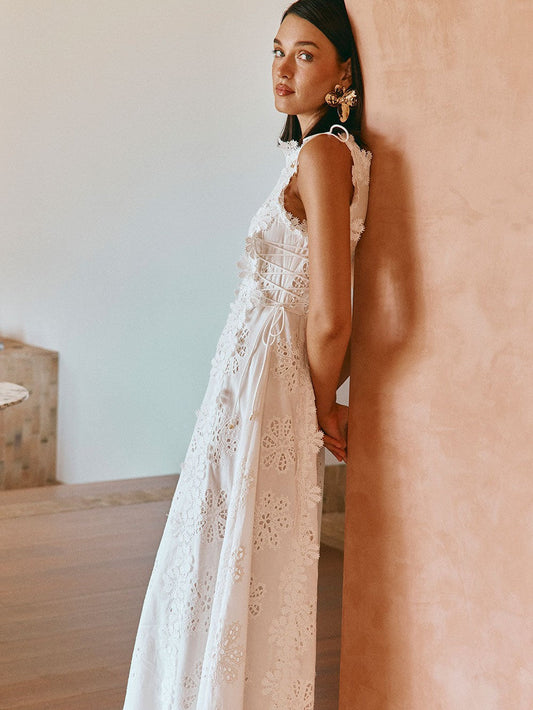 Liana Floral Eyelet Lace Tie Strap Maxi Dress