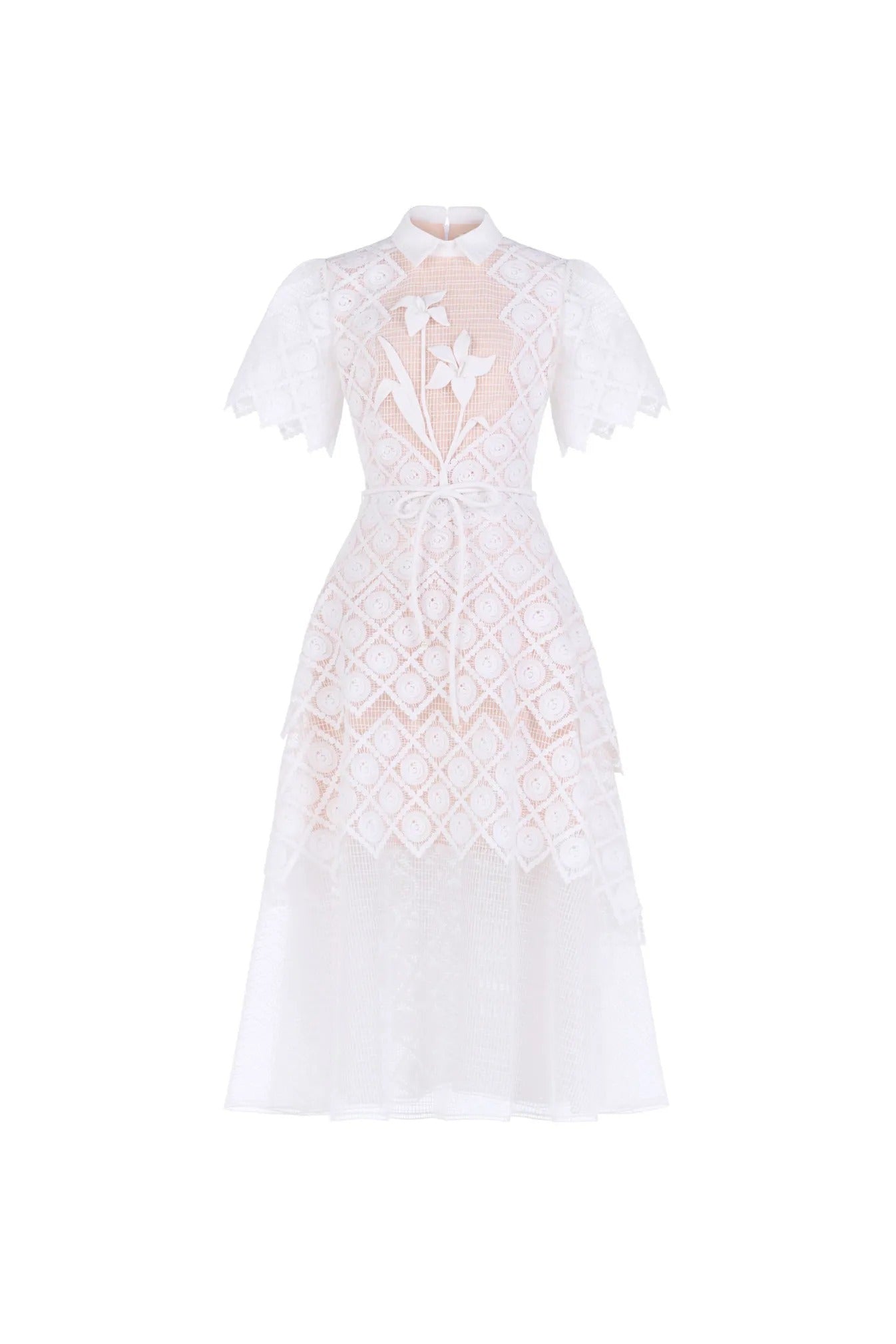 White Lace Embroidered Short Sleeve Midi Dress