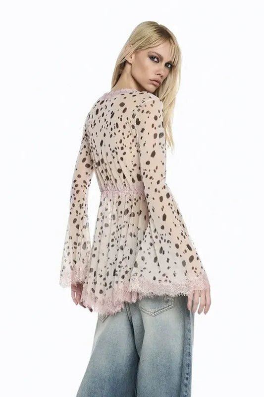 Spotted Lace-Trim Mesh Long Sleeve Top Premium Fabric - product view 1
