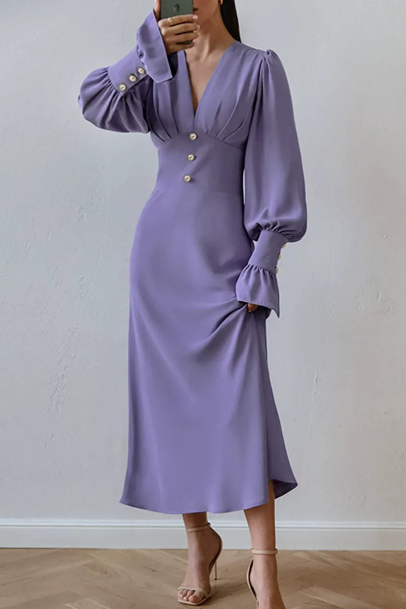 Purple V-Neck Midi Dress with Puff Sleeves Premium Fabric - product view 1