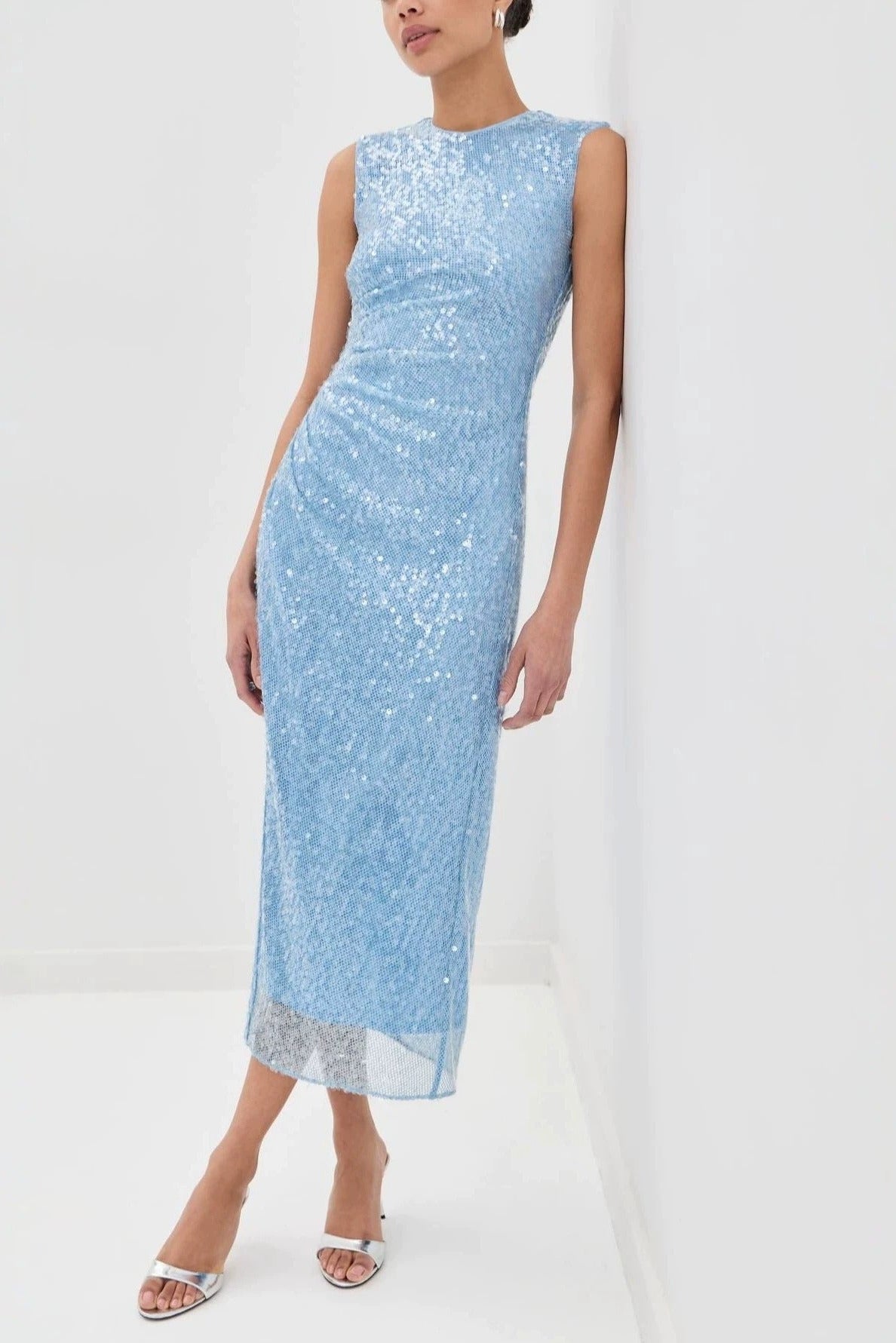 Light Blue Sequin Midi Dress Sleeveless High Neck Premium Fabric - product view 3