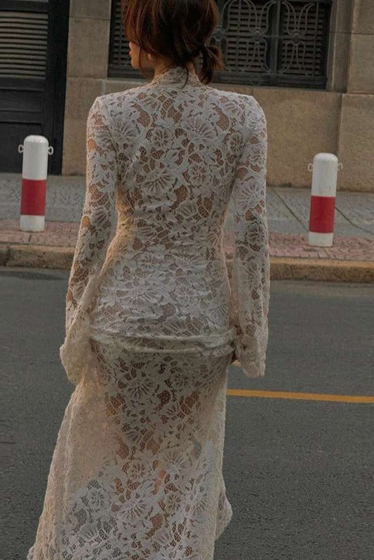 Lace Deep V-Neck Lace-Up Bodycon Dress with Bell Sleeves & High Slit Premium Fabric - product view 5