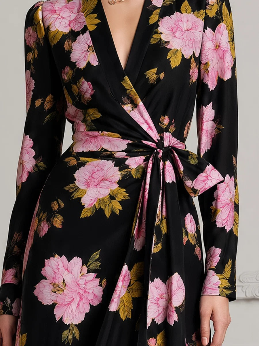 V-Neck Long Sleeve Floral Wrap Maxi Dress Premium Fabric - product view 2