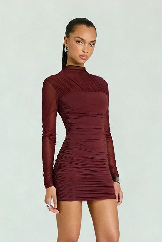Burgundy Mesh Long-Sleeve Ruched Mini Dress Premium Fabric - product view 3
