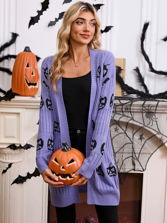 Lavender Skull & Jack-O-Lantern Ribbed Knit Cardigan Premium Fabric - product view 2