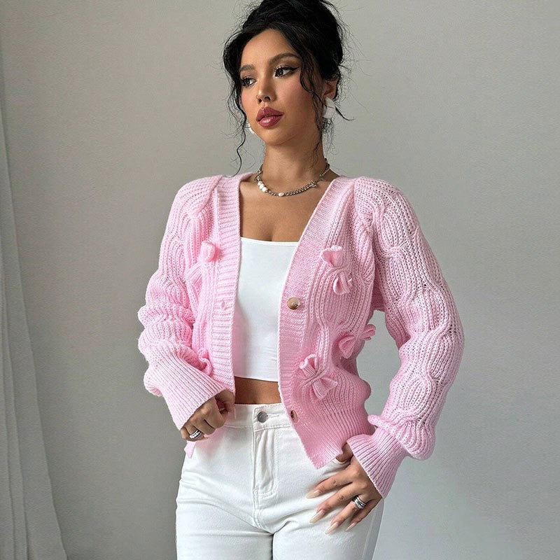 Pink Cable Knit Bow Detail Cardigan Premium Fabric - product view 8