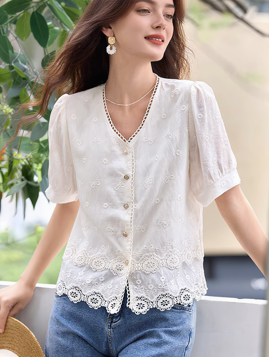 Maya Loose V-Neck Hollowed Lace Top