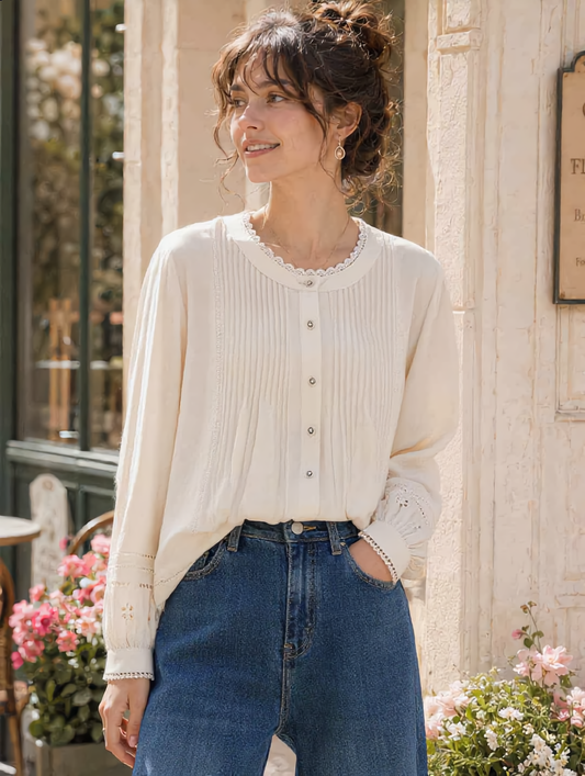 Madison Daily Crew Neck Crochet Accordion Pleated Top