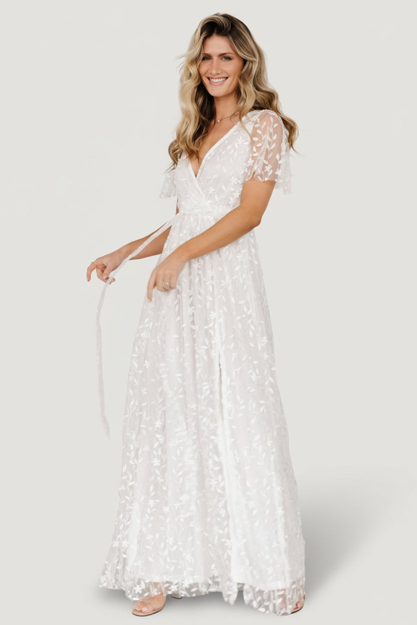 Marseille v-neck lace Embossed high slit Maxi Dress | White