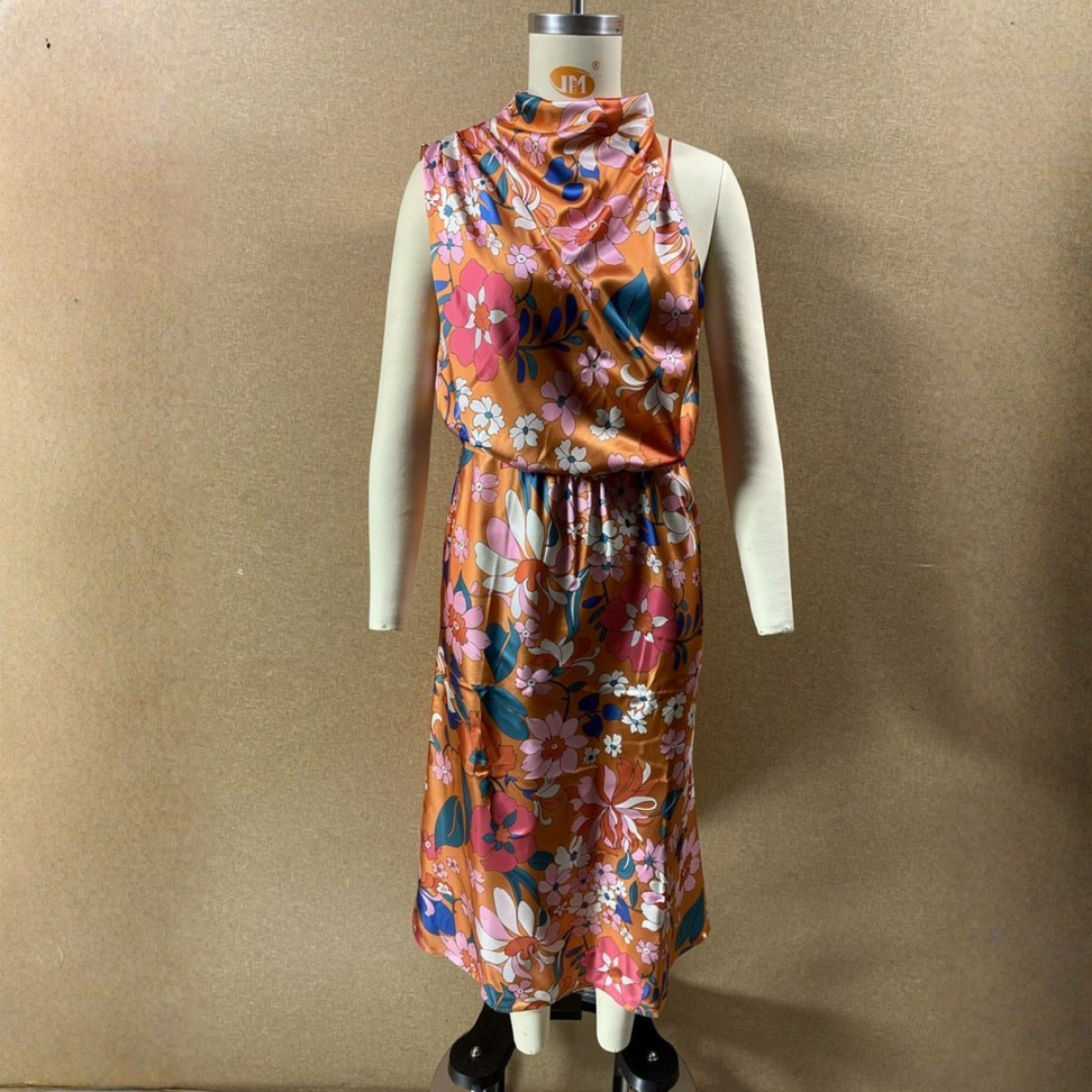 Fascinating Day Floral Halter Neck Elastic Waist Maxi Dress